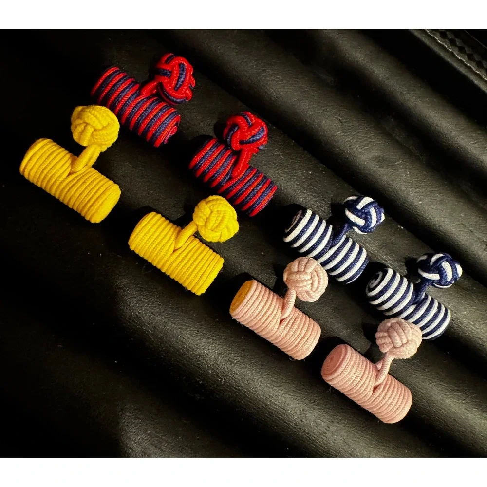 Silk Barrel Knot Cufflinks Lot of 4 Pairs Multicolor Stripe Solid Wedding French